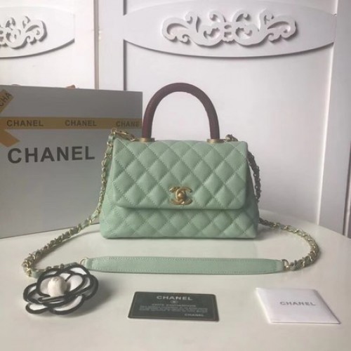 Bolso con solapa de cuero Caviar original de Chanel con asa superior A92990 Verde menta