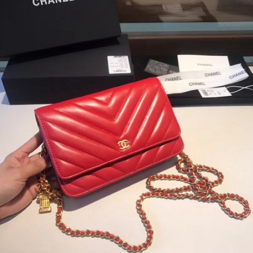 Chanel WOC Bolso de hombro con solapa de cuero de piel de oveja original D33814 rojo