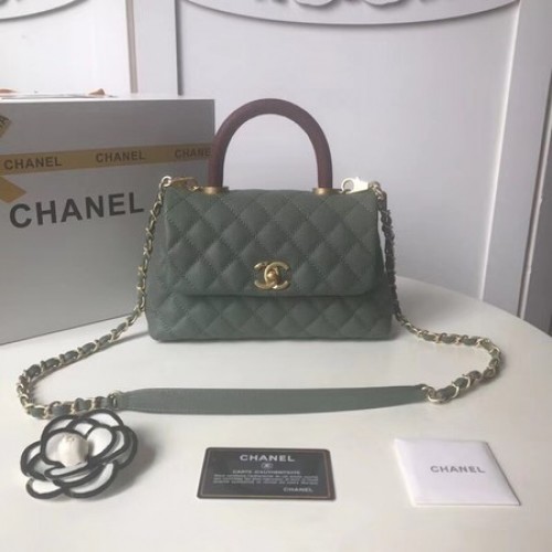 Bolso con solapa de cuero Caviar original de Chanel asa superior A92990 Verde negruzco
