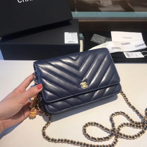 Chanel WOC Bolso de hombro con solapa de cuero de piel de oveja original D33814 Azul real