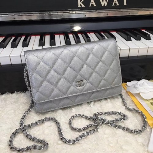 Bolso bandolera Chanel Original Caviar Leather Flap CF33814 Gris plateado Cadena plateada