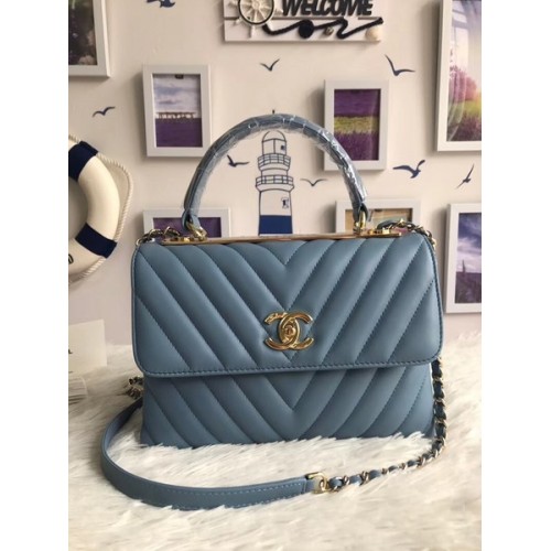 Chanel Bolso tote de piel de oveja original A92236 azul claro Hebilla dorada