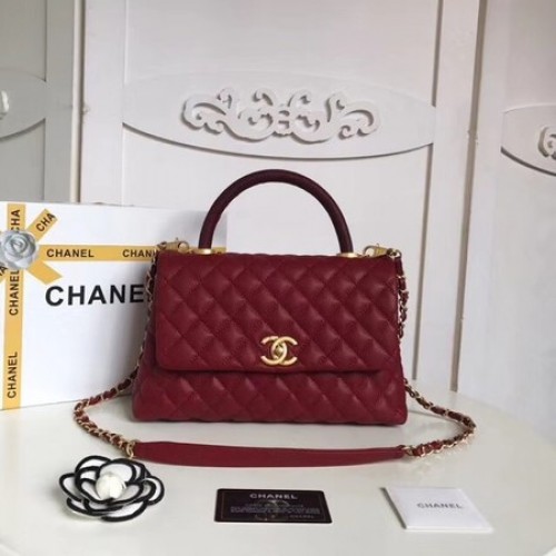 Chanel Classic Top Handle Bag Original Caviar Leather A92215 Rojo oscuro