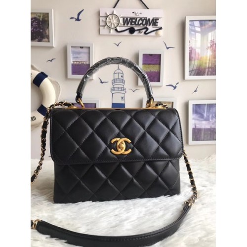 Bolso tote de cuero de piel de oveja original de Chanel 92236 hebilla de oro negro