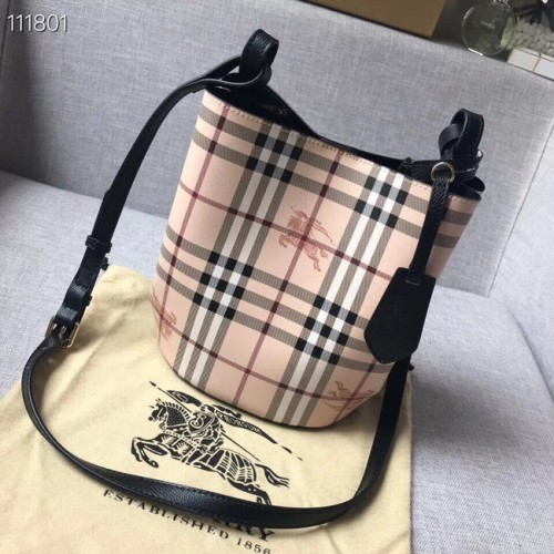 BURBERRY Bolso tote Banner pequeño a cuadros vintage y piel 1581 negro