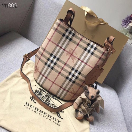 BURBERRY Bolso tote Banner pequeño a cuadros vintage y piel 1581 marrón