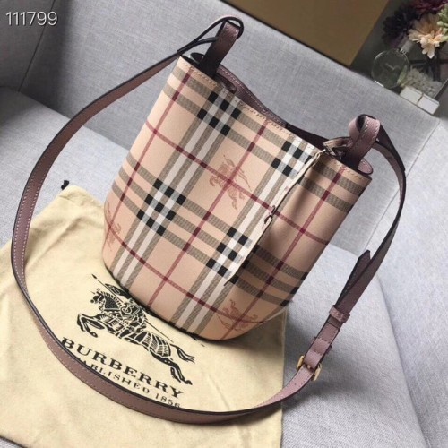 BURBERRY Bolso tote Banner pequeño a cuadros vintage y piel 1581 rosa
