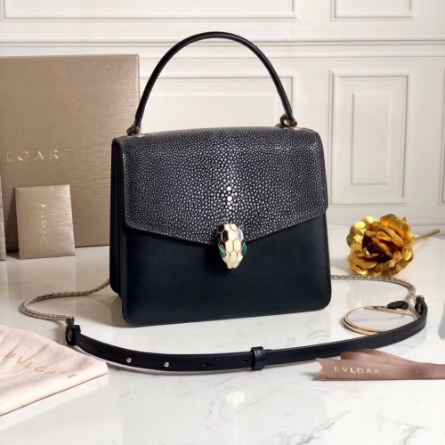 BVLGARI Serpenti Forever Devil Pearl Fish Skin Bolso de hombro de cuero 058962 Negro