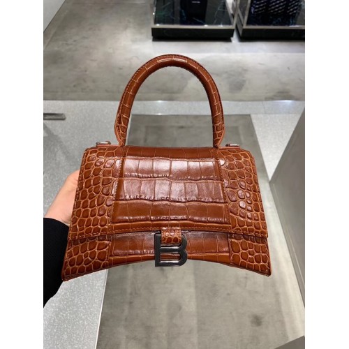 Balenciaga BOLSO PEQUEÑO HOURGLASS TOP HANDLE cocodrilo piel de becerro en relieve B108895E marrón