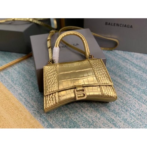 Balenciaga BOLSO PEQUEÑO HOURGLASS TOP HANDLE cocodrilo piel de becerro en relieve B108895E oro