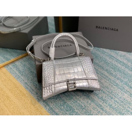 Balenciaga BOLSO PEQUEÑO HOURGLASS TOP HANDLE cocodrilo piel de becerro en relieve B108895E plata