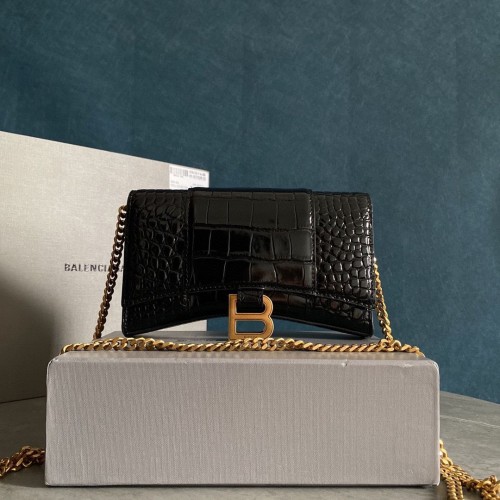 Balenciaga HOURGLASS Monedero Con Cadena Cocodrilo En Relieve 656050 Negro