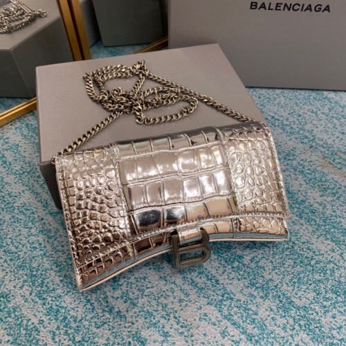 Balenciaga HOURGLASS Monedero Con Cadena Cocodrilo En Relieve 656050 Plata