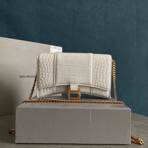 Balenciaga HOURGLASS Monedero Con Cadena Cocodrilo En Relieve 656050 Blanco