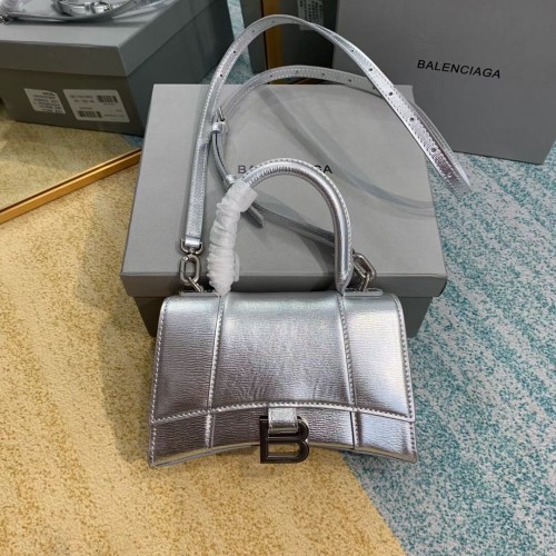 Balenciaga Hourglass XS Top Handle Bag caja brillante piel de becerro 28331 plata