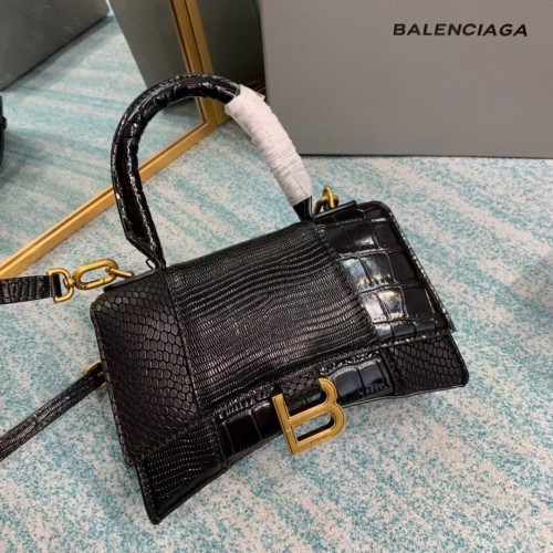 Balenciaga Hourglass XS Top Handle Bag cocodrilo brillante piel de becerro en relieve B108892E negro