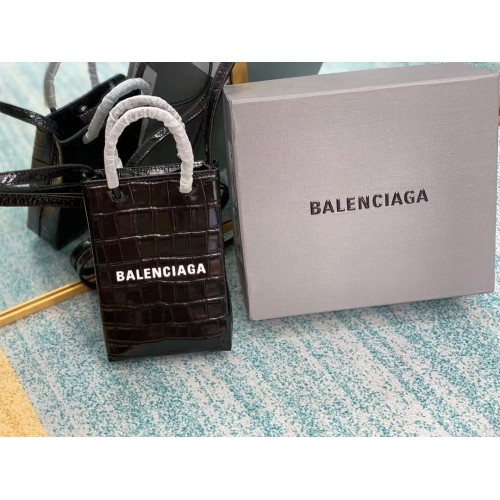 Balenciaga Original mini bolso shopper de piel repujada de cocodrilo brillante B152865 negro