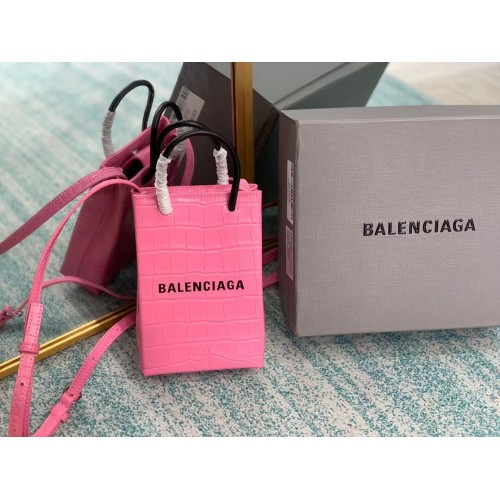 Balenciaga Original mini bolso shopper de piel repujada de cocodrilo brillante B152865 rosa