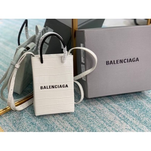 Balenciaga Original mini bolso shopper de piel repujada de cocodrilo brillante B152865 blanco
