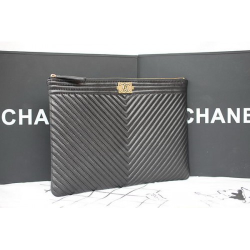 Boy Chanel Chevron Black Sheepskin Leather Clutch A69253