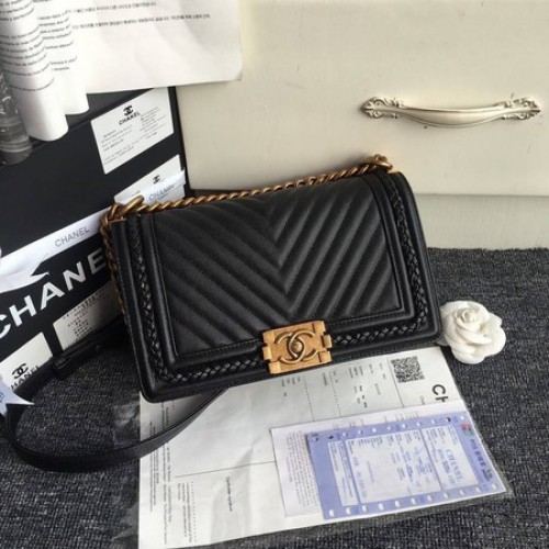 Boy Chanel Flap Bag Original Chevron Cuero A67086 Negro