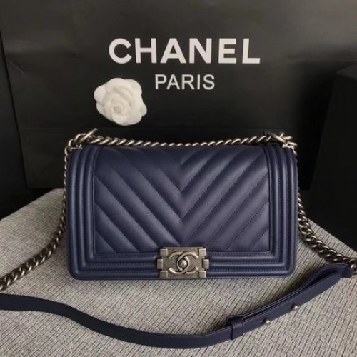 Bolso Boy Chanel Flap Original Chevron Cuero A67086V Azul