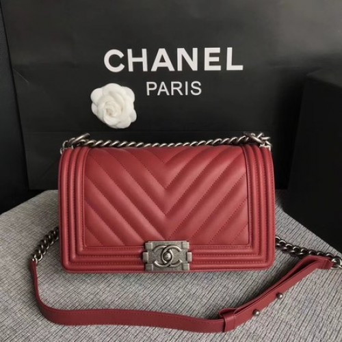 Bolso Boy Chanel Flap Original Chevron Cuero A67086V Rojo
