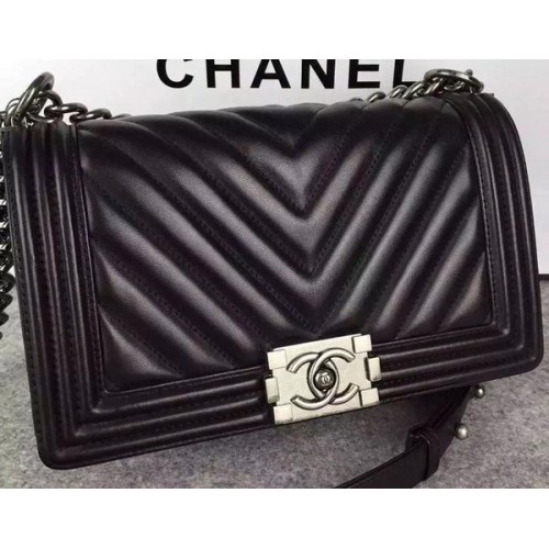 Boy Chanel Flap Bag Original Chevron Nubuck Cuero A5708 Negro