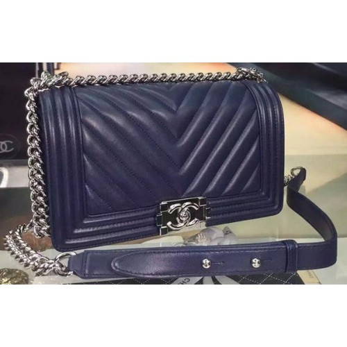 Boy Chanel Flap Bag Original Chevron Nubuck Leather A5708 Royal
