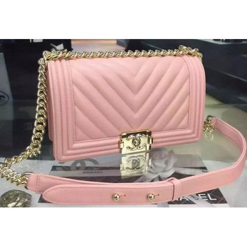 Boy Chanel Flap Bag Original Chevron Pink Nubuck Cuero A5708 Oro