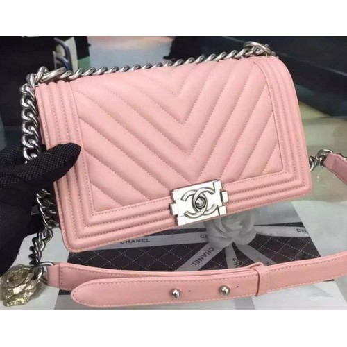 Boy Chanel Flap Bag Original Chevron Pink Nubuck Cuero A5708 Plata