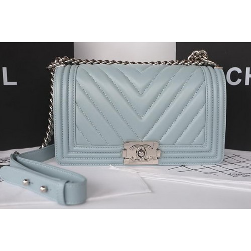 Bolso Boy Chanel Flap Original Chevron Sheepskin A67025 Azul Claro