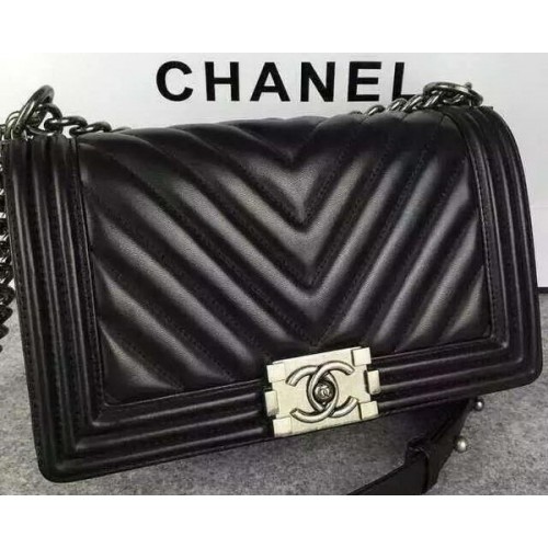 Boy Chanel Flap Bag Original Chevron Piel De Oveja A5708 Negro