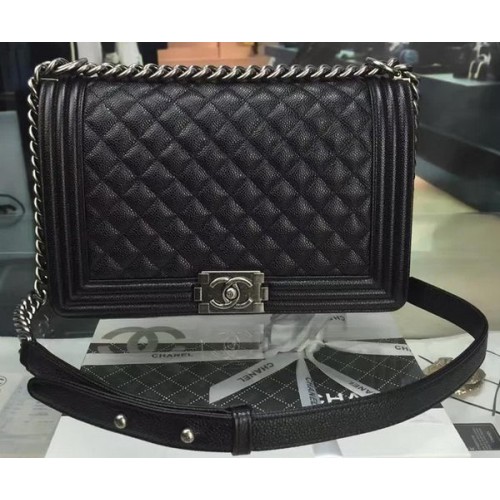 Boy Chanel Flap Bolsos Original Negro Cannage Patrón A67088 Plata