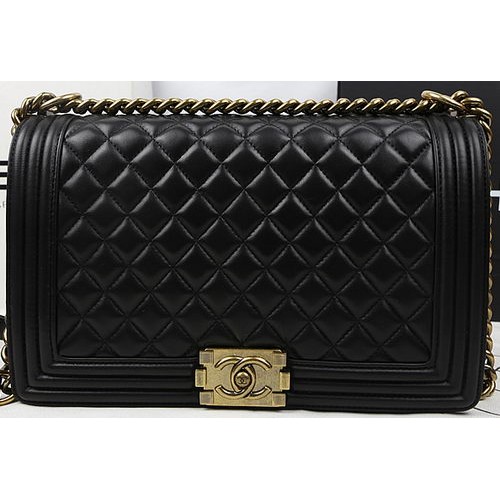 Boy Chanel Flap Bolsos Original Negro Piel De Oveja Cuero A67088 Oro
