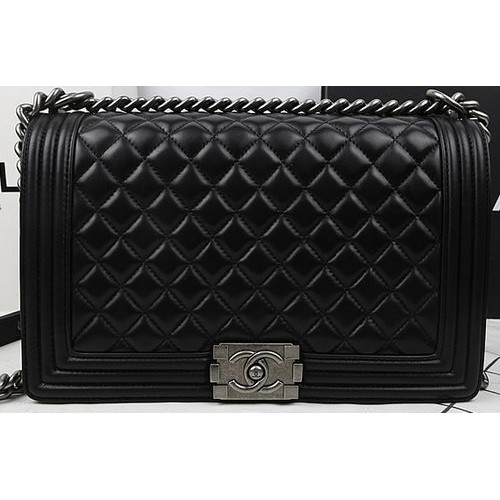 Boy Chanel Flap Bolsos Original Negro Piel De Oveja A67088 Plata