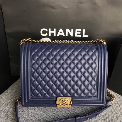 Boy Chanel Flap Bandolera Azul Original Piel De Oveja A67087 Oro