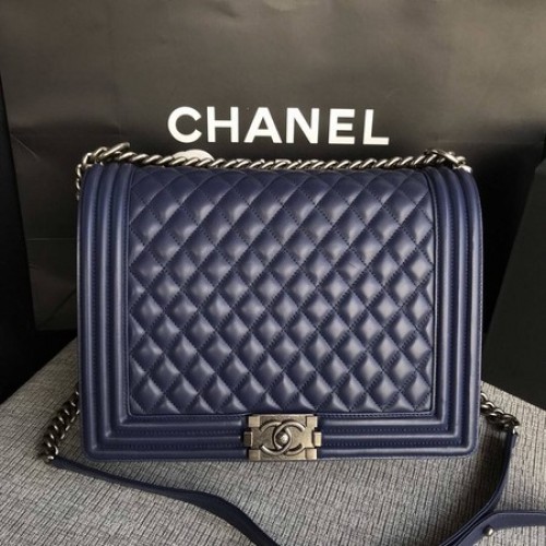Boy Chanel Flap Bandolera Azul Original Piel De Oveja A67087 Plata