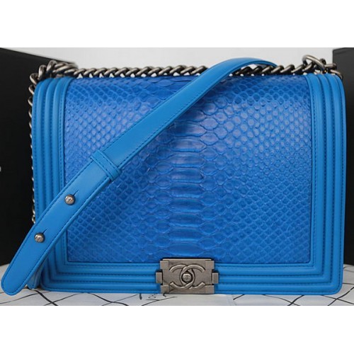 Boy Chanel Flap Shoulder Bag Blue Python Leather A67087 Plata
