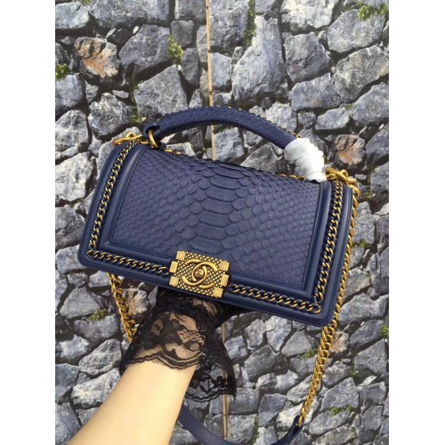 Boy Chanel Flap Shoulder Bag original Piel de serpiente 67086 azul oscuro
