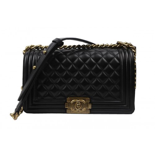 Boy Chanel Flap Bolsos de Hombro Negro Original Piel de Oveja A67025 Oro
