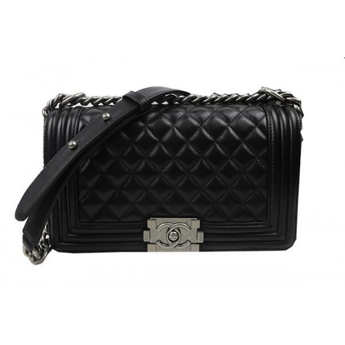 Boy Chanel Flap Bolsos de Hombro Negro Original Piel de Oveja A67025 Plata