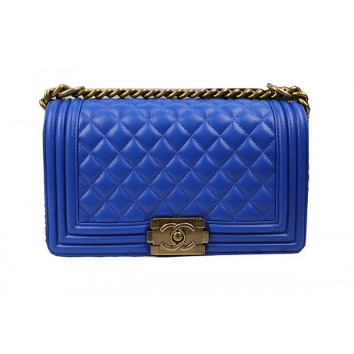 Boy Chanel Flap Bolsos de Hombro Azul Original Piel de Oveja A67025 Oro