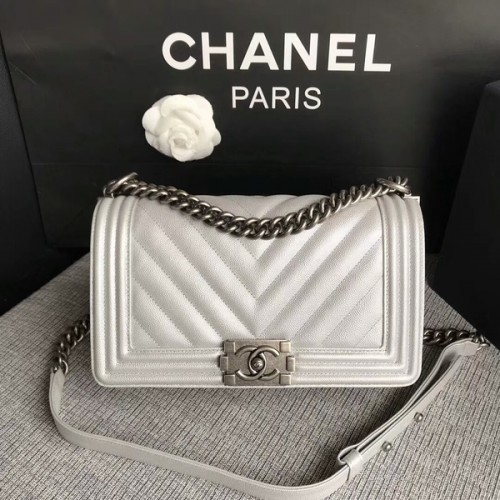 Niño Chanel Original Chevron Cuero 67086 Blanco