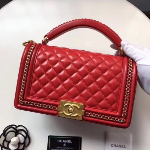 Boy Chanel Top Handle Flap Bag Original Piel de Oveja A94804 Rojo