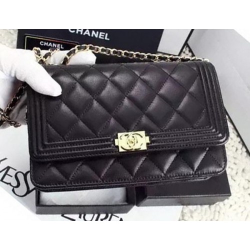Boy Chanel WOC Bolso con solapa Piel de oveja negra A1119 Oro