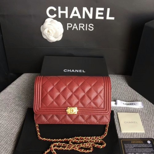 Boy Chanel WOC Flap Bag Original Piel De Becerro CHA6040 Rojo Oscuro