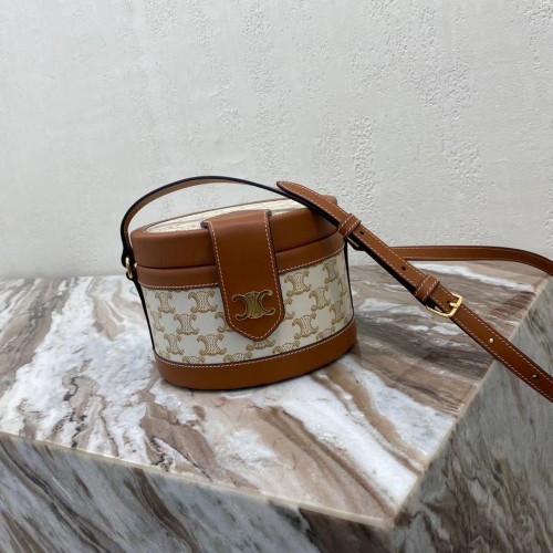 BOLSO TAMBOUR MEDIANO CELINE DE TEXTIL CON BORDADO DE TRIUNFO 195192 marrón y blanco