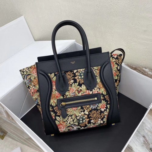BOLSO MICRO EQUIPAJE CELINE EN JACQUARD FLORAL Y PIEL DE BECERRO 167793 NEGRO