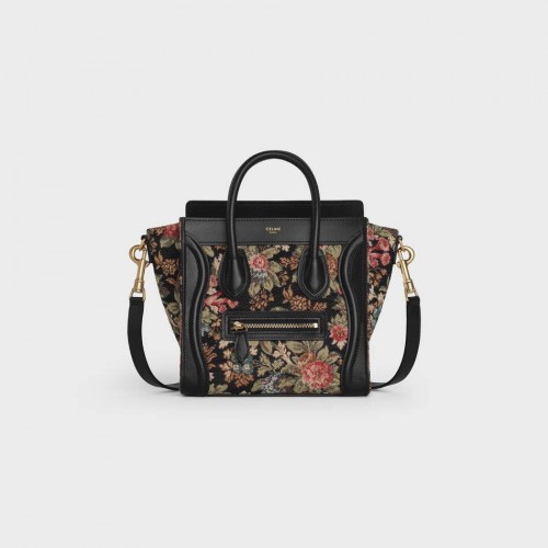 BOLSO DE EQUIPAJE CELINE NANO EN JACQUARD FLORAL Y PIEL DE BECERRO 189242 NEGRO
